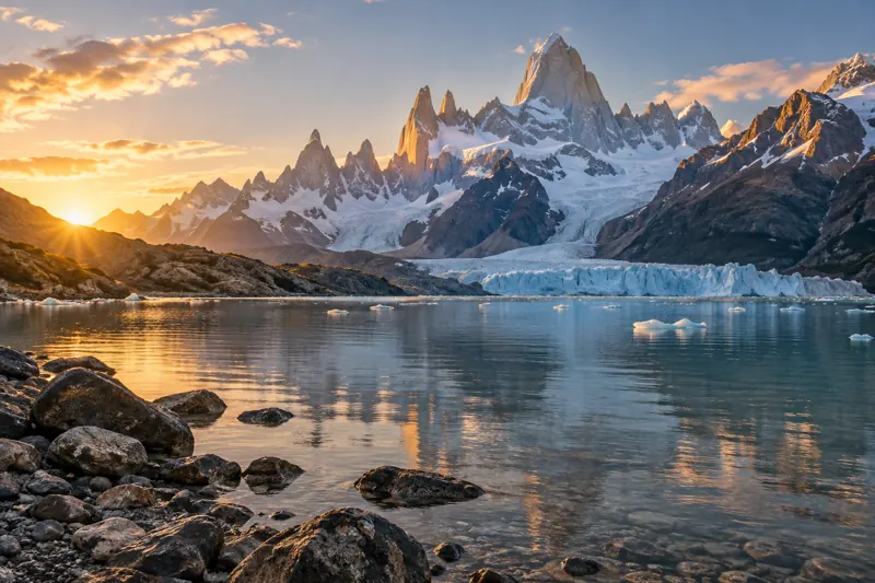 Montañas y un lago al amanecer