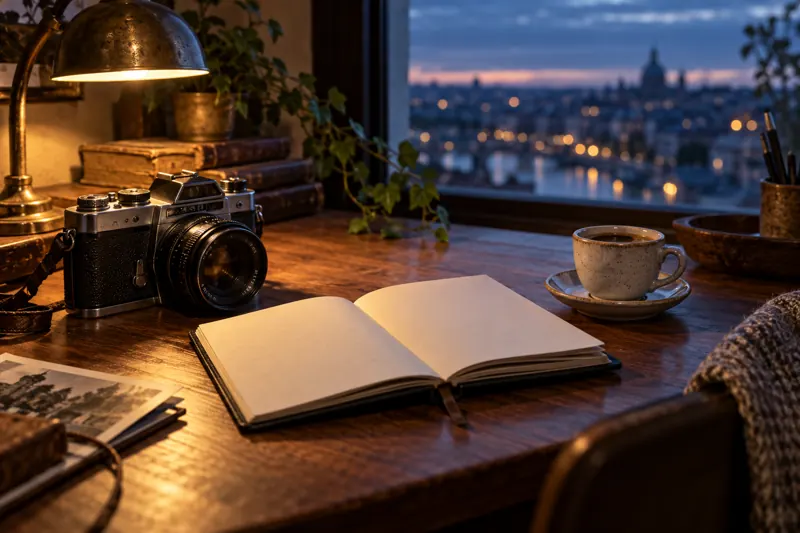 Cámara y cuaderno junto a una ventana